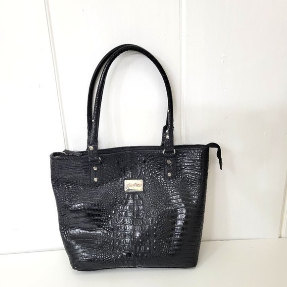 Marc Fisher Black Faux Croc Embossed Purse/Tote - Picture 1 of 7